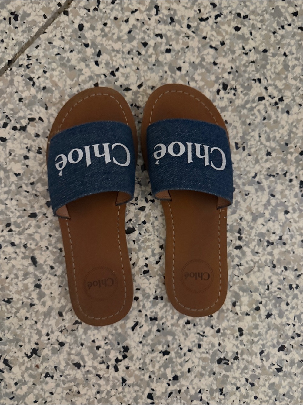 Chloé Denim Logo Slide Sandals - Blue & Brown